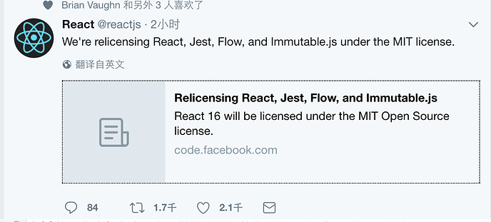 快讯：Facebook 将重新修改 React, Jest, Flow 和 Immutable.js 授权协议